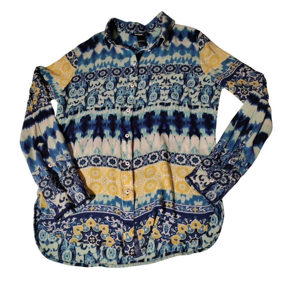 Desigual Womens Blue Yellow Ikat Mandala Viscose Button Down Shirt Size S